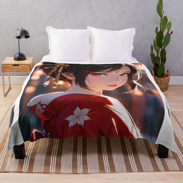 Item preview, Elegant anime geisha in red kimono with floral pattern designed and sold by derbenzi.