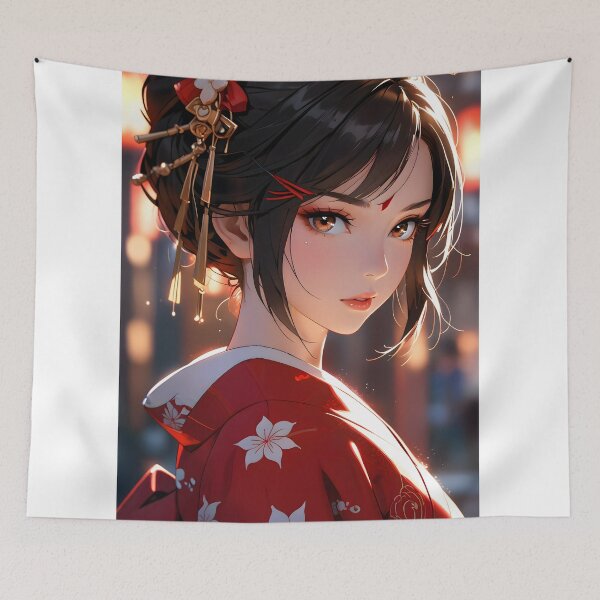 Item preview, Elegant anime geisha in red kimono with floral pattern designed and sold by derbenzi.
