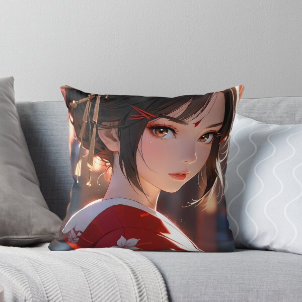 Item preview, Elegant anime geisha in red kimono with floral pattern designed and sold by derbenzi.