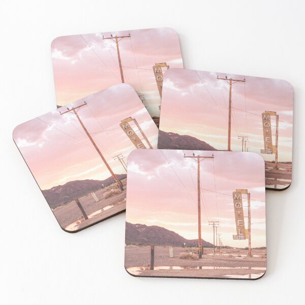 Item preview, Route 66, USA I Sunset in front of a vintage retro motel neon sign in a California desert landscape to pastel pink sky sun aesthetic and a mirrored reflection in water in front of the Bagdad Cafe designed and sold by Julie Travel Photography.