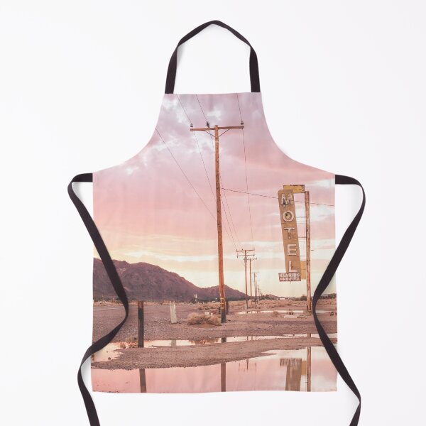 Item preview, Route 66, USA I Sunset in front of a vintage retro motel neon sign in a California desert landscape to pastel pink sky sun aesthetic and a mirrored reflection in water in front of the Bagdad Cafe designed and sold by Julie Travel Photography.