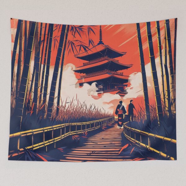 Item preview, Bamboo Forest Scene Featuring Traditional Temple In Silkscreen Style designed and sold by estampavibe.