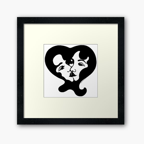 Kiss Kiss Lady Love Monochrome Logo Heart Retro 1960s Framed Art Print