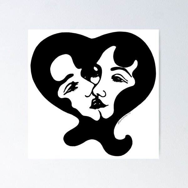 Kiss Kiss Lady Love Monochrome Logo Heart Retro 1960s Poster
