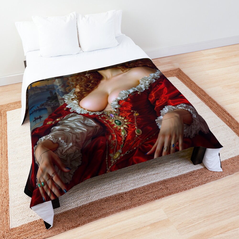 Belladoria Is Timeless Opulent And An Enchanting Woman In Red Captivating AI Concept Art by Xzendor7 Decorative Art Print Comforter