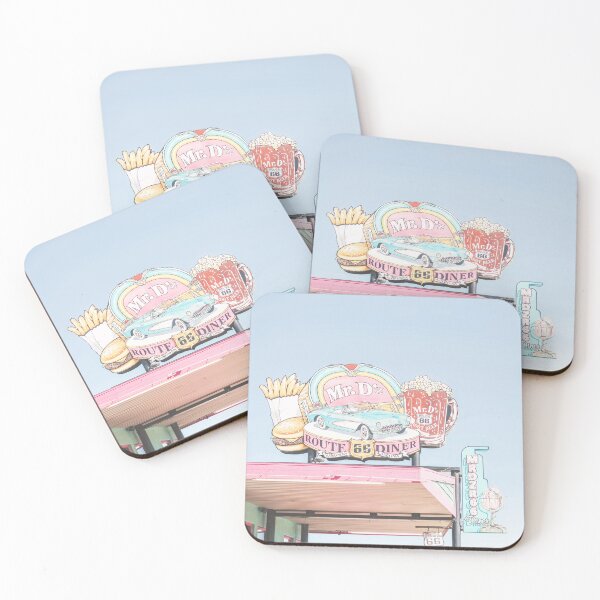 Item preview, Route 66, USA I Retro vintage neon sign for 50s American diner Mr D'z in pastel pink, blue aesthetic with a vintage car fries, burger and beer as an illustration drawing art in Arizona or California designed and sold by Julie Travel Photography.