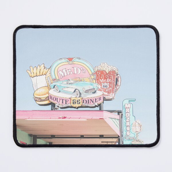 Item preview, Route 66, USA I Retro vintage neon sign for 50s American diner Mr D'z in pastel pink, blue aesthetic with a vintage car fries, burger and beer as an illustration drawing art in Arizona or California designed and sold by Julie Travel Photography.