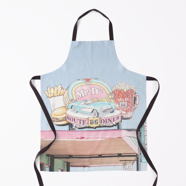 Item preview, Route 66, USA I Retro vintage neon sign for 50s American diner Mr D'z in pastel pink, blue aesthetic with a vintage car fries, burger and beer as an illustration drawing art in Arizona or California designed and sold by Julie Travel Photography.