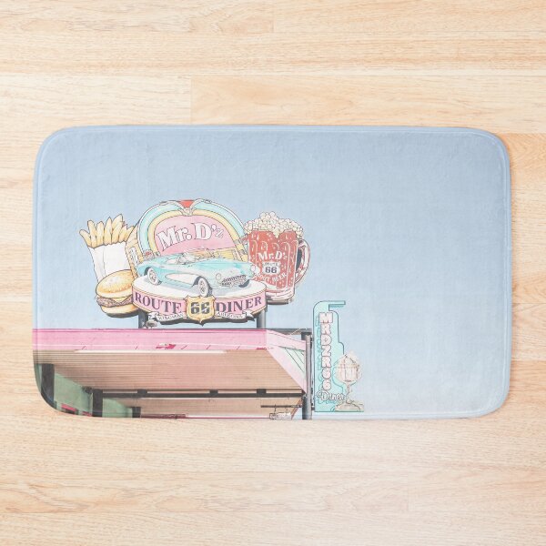 Item preview, Route 66, USA I Retro vintage neon sign for 50s American diner Mr D'z in pastel pink, blue aesthetic with a vintage car fries, burger and beer as an illustration drawing art in Arizona or California designed and sold by Julie Travel Photography.