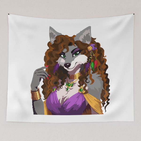 Item preview, Mrs Wolf in Elegant Purple & Gold Dress, with Feathers & Jade designed and sold by KlakkDrawsStuff.