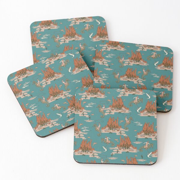 Item preview, Quirky Western Cowboys on Seahorses Roping Sharks - Teal/Green/Orange designed and sold by somecallmebeth.