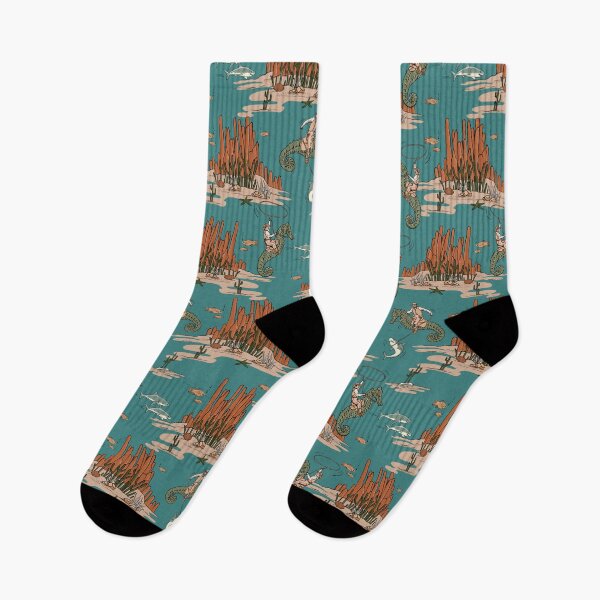 Item preview, Quirky Western Cowboys on Seahorses Roping Sharks - Teal/Green/Orange designed and sold by somecallmebeth.