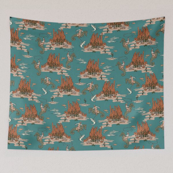Item preview, Quirky Western Cowboys on Seahorses Roping Sharks - Teal/Green/Orange designed and sold by somecallmebeth.