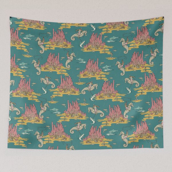 Item preview, Quirky Western Cowboys on Seahorses Roping Sharks - Teal/Pink/Yellow designed and sold by somecallmebeth.