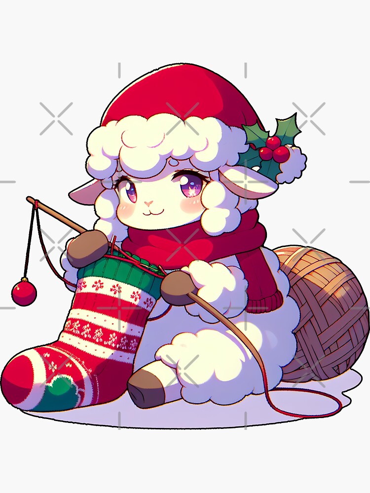 Thumbnail 3 von 3, Sticker, Schaf strickt Weihnachtssocke designt und verkauft von Kobeko.