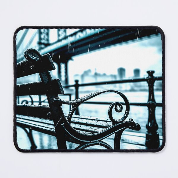 Item preview, Rainy Bridge View with Empty Bench in Moody Urban Scene designed and sold by Exodoi.