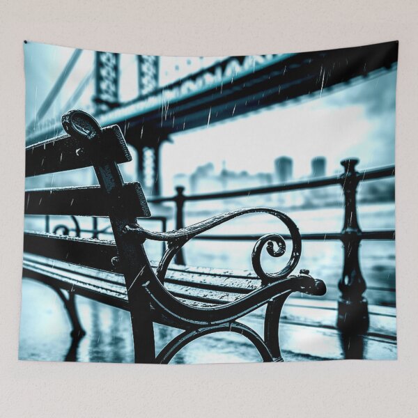 Item preview, Rainy Bridge View with Empty Bench in Moody Urban Scene designed and sold by Exodoi.