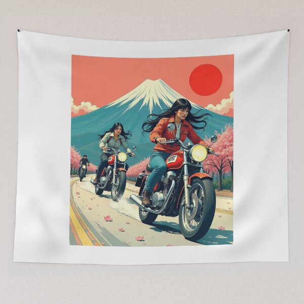 Item preview, Female motorcycle JDM Japan Cherry Blossom Anime Mt Fuji 70s  designed and sold by tshirtart2024.