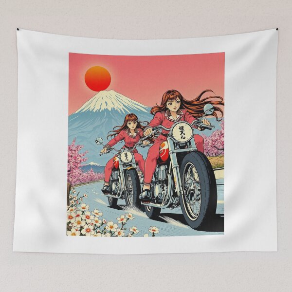 Item preview, Female, motorcycle, JDM, Japan, Cherry Blossom, Anime, Mt Fuji, 70s,  designed and sold by tshirtart2024.