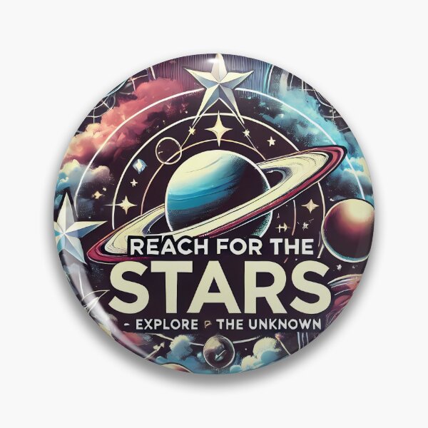 Item preview, Artistic space graphics in a retro-futuristic style, with a ring planet, stars and the slogan "REACH FOR THE STARS - EXPLORE THE UNKNOWN". designed and sold by OrbitOdyssey.