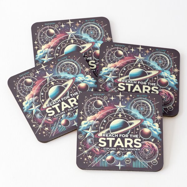 Item preview, Artistic space graphics in a retro-futuristic style, with a ring planet, stars and the slogan "REACH FOR THE STARS - EXPLORE THE UNKNOWN". designed and sold by OrbitOdyssey.