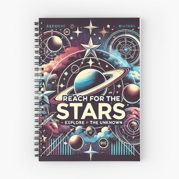 Item preview, Artistic space graphics in a retro-futuristic style, with a ring planet, stars and the slogan "REACH FOR THE STARS - EXPLORE THE UNKNOWN". designed and sold by OrbitOdyssey.