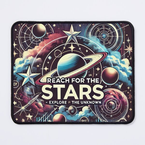 Item preview, Artistic space graphics in a retro-futuristic style, with a ring planet, stars and the slogan "REACH FOR THE STARS - EXPLORE THE UNKNOWN". designed and sold by OrbitOdyssey.