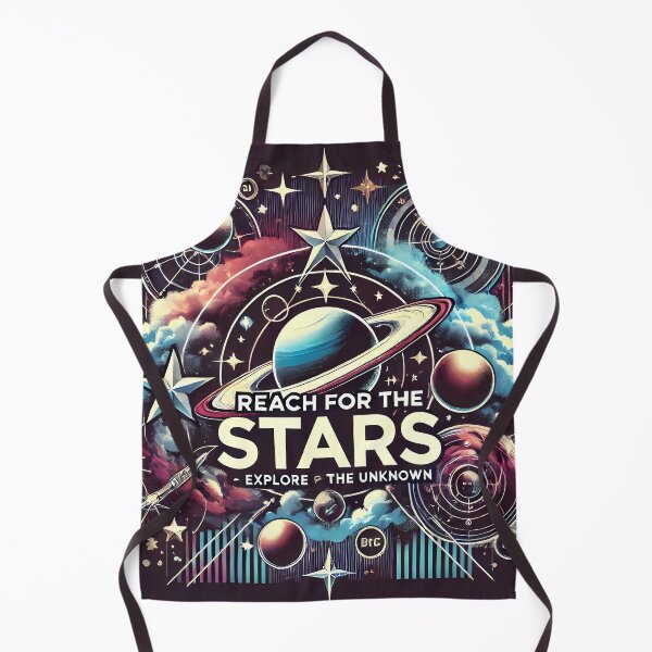 Item preview, Artistic space graphics in a retro-futuristic style, with a ring planet, stars and the slogan "REACH FOR THE STARS - EXPLORE THE UNKNOWN". designed and sold by OrbitOdyssey.