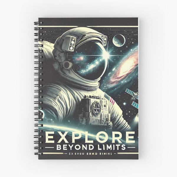 Item preview, Astronauta na tle galaktyki, planet i satelitów z napisem "EXPLORE BEYOND LIMITS". designed and sold by OrbitOdyssey.
