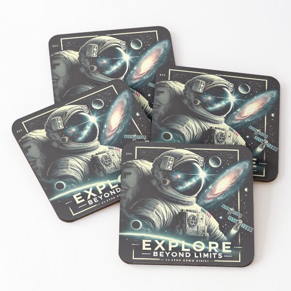 Item preview, Astronauta na tle galaktyki, planet i satelitów z napisem "EXPLORE BEYOND LIMITS". designed and sold by OrbitOdyssey.