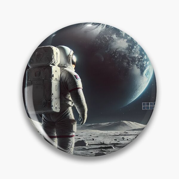 Item preview, Astronaut standing on the surface of the Moon, looking at the Earth in the background. A space lander is visible next to it, with stars and cosmic silence in the background. designed and sold by OrbitOdyssey.