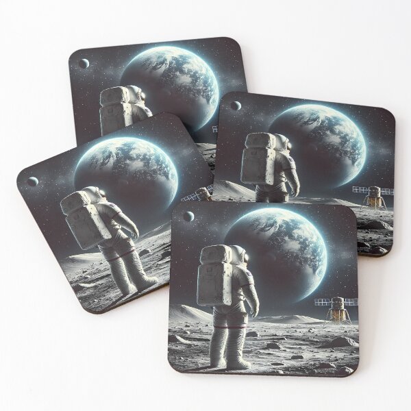 Item preview, Astronaut standing on the surface of the Moon, looking at the Earth in the background. A space lander is visible next to it, with stars and cosmic silence in the background. designed and sold by OrbitOdyssey.