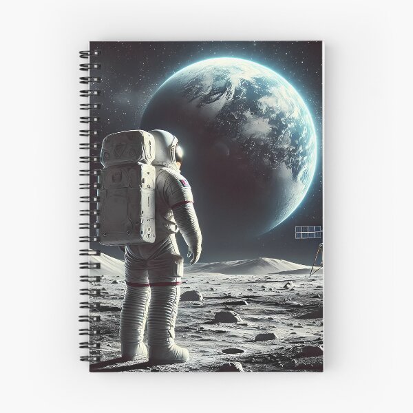 Item preview, Astronaut standing on the surface of the Moon, looking at the Earth in the background. A space lander is visible next to it, with stars and cosmic silence in the background. designed and sold by OrbitOdyssey.