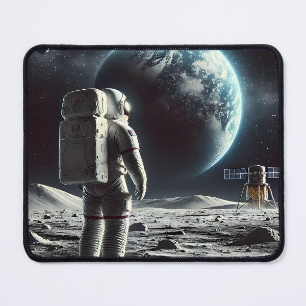 Item preview, Astronaut standing on the surface of the Moon, looking at the Earth in the background. A space lander is visible next to it, with stars and cosmic silence in the background. designed and sold by OrbitOdyssey.