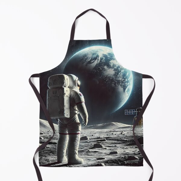 Item preview, Astronaut standing on the surface of the Moon, looking at the Earth in the background. A space lander is visible next to it, with stars and cosmic silence in the background. designed and sold by OrbitOdyssey.