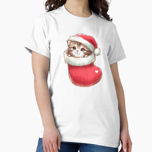 Aperçu de l'œuvre Chaton dans un bas de Noël portant un bonnet de Père Noël créée et vendue par DaintyDooodles.