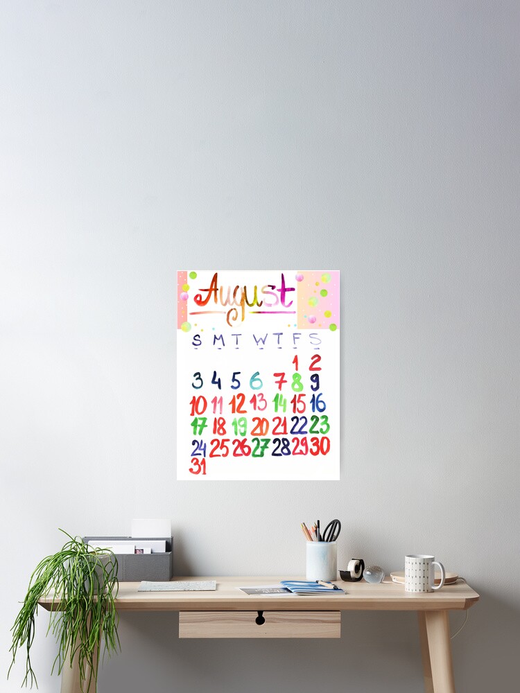 August 2025 cute watercolor lettering calendar | Handlettering calligraphy drawing calendar  Poster