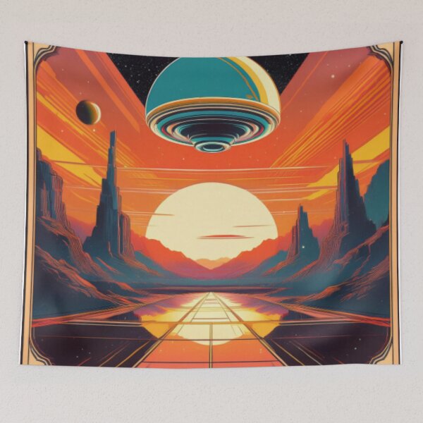 Item preview, Retro-Futuristic Space Landscape with Celestial Elements designed and sold by RaiyaTees.