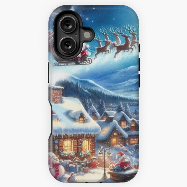 Leo und der Weihnachtsmann: Ein magischer Flug über das verschneite Dorf im Aquarell-Stil iPhone Robuste Hülle