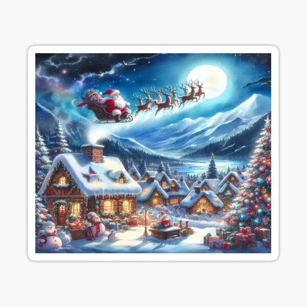 Leo and Santa Claus: A magical flight over the snowy village in watercolor style Sticker