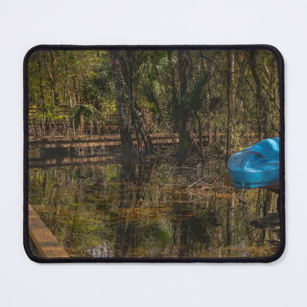 Item preview, Lettuce Lake Park Tampa Florida Blue Canoe Reflection blue kayak rests on a wooden dock surrounded by a lush forest designed and sold by EyezWatchin.