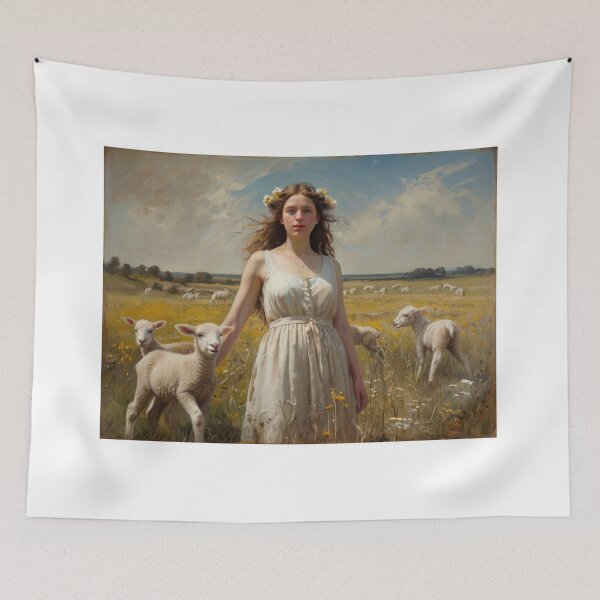 Item preview, Girl in a field with Lambs after William Bougereau designed and sold by Vintage Designs +.