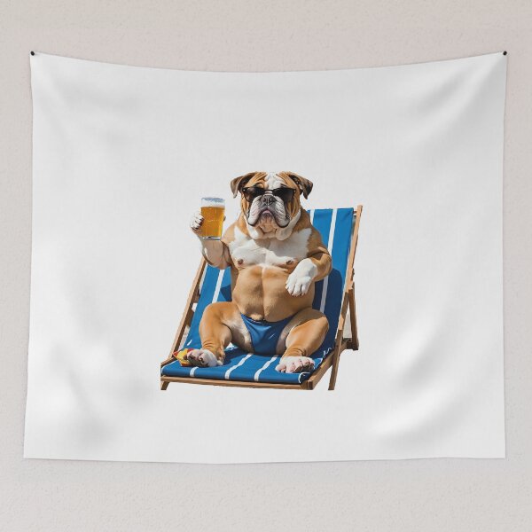 Item preview, English Bulldog, brown, drinking a beer on a deckchair humor designed and sold by Dan9010.