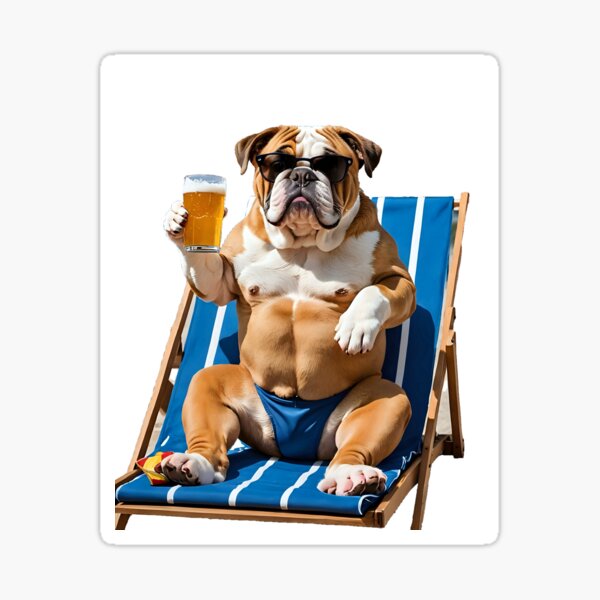 Aperçu de l'œuvre Bouledogue anglais, marron qui boit une bière sur un transat humour créée et vendue par Dan9010.