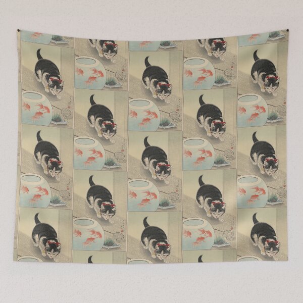 Item preview, Ohara Koson  Shoson  Japanese Woodblock Print Cat and Bowl of Goldfish  designed and sold by TeeARTHY.
