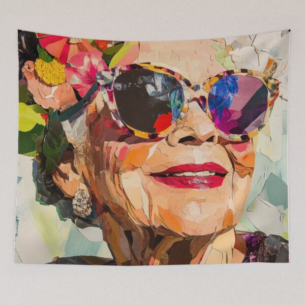 Item preview, Timelessly Vibrant - Collage Portrait - Elderly Woman With Floral Head Piece designed and sold by MysticMarble.