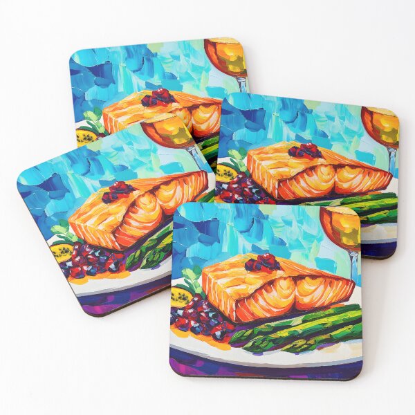 Item preview, Vibrant Salmon Seafood Feast with Asparagus and White Wine Abstract Culinary Art designed and sold by OlfactoART Studio.