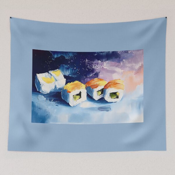 Item preview, Vibrant Sushi Rolls with Swirling Blues and Purples Abstract Japanese Food designed and sold by OlfactoART Studio.