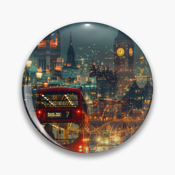 Item preview, Night cityscape with glowing lights and double-decker designed and sold by Artessie.