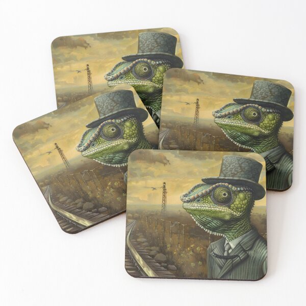 Item preview, Chameleon in suit with hat by railroad in fantasy land designed and sold by Artessie.
